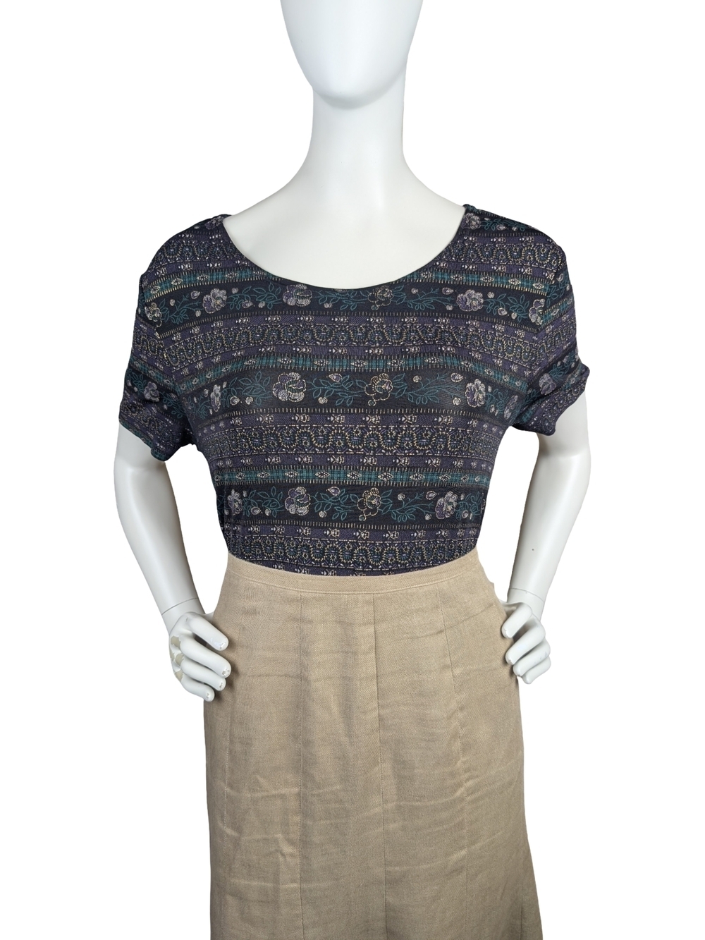 Vintage 90s Slinky Stretch Top Floral Stripe Print Black Teal Purple Gold M